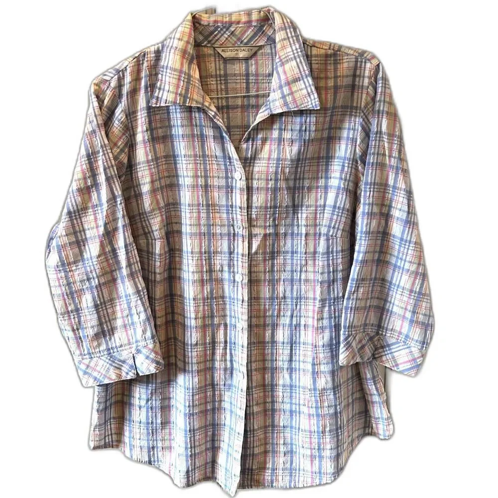 Vintage Allison Daley Pastel Plaid Button-Down Blouse - Size Large